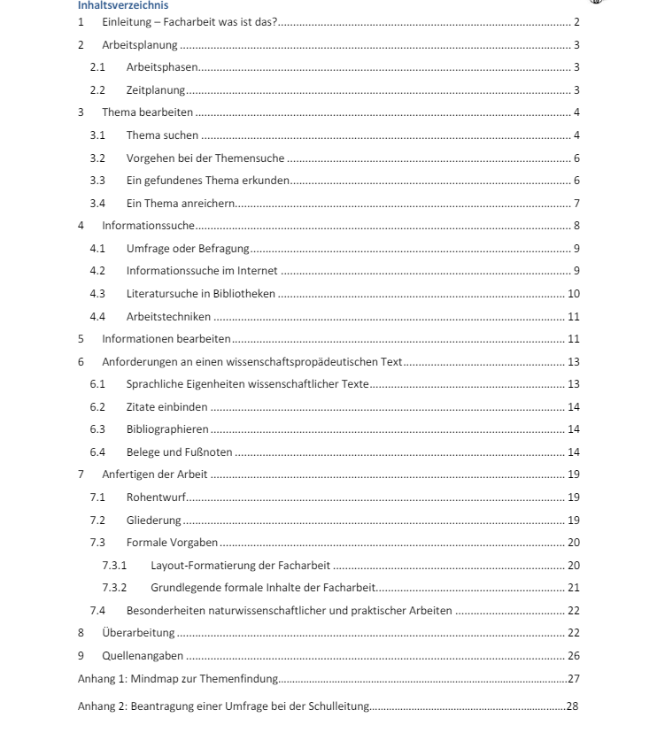 Beispiel: Inhaltsverzeichnis einer Facharbeit 